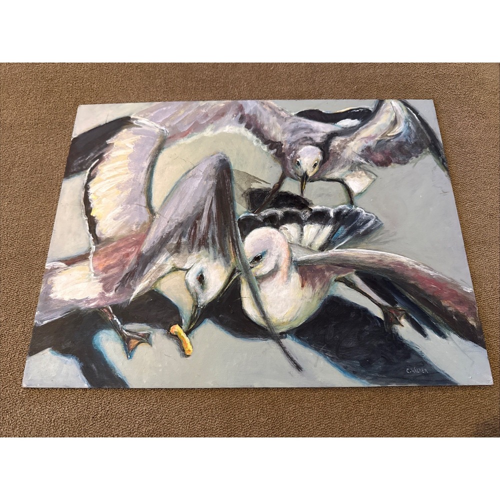 Original Oil on Board Painting Seagulls Fighting Fries Lawn Walker 12x16 (TD)